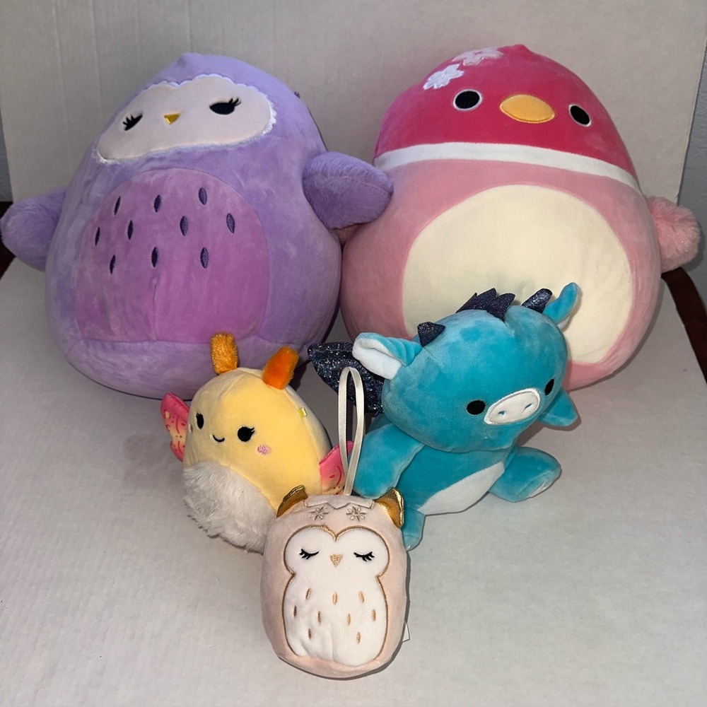 Original Squishmallows Scarlito Barn Owl, Sonja Duck, Grey The dragon Plush Lot